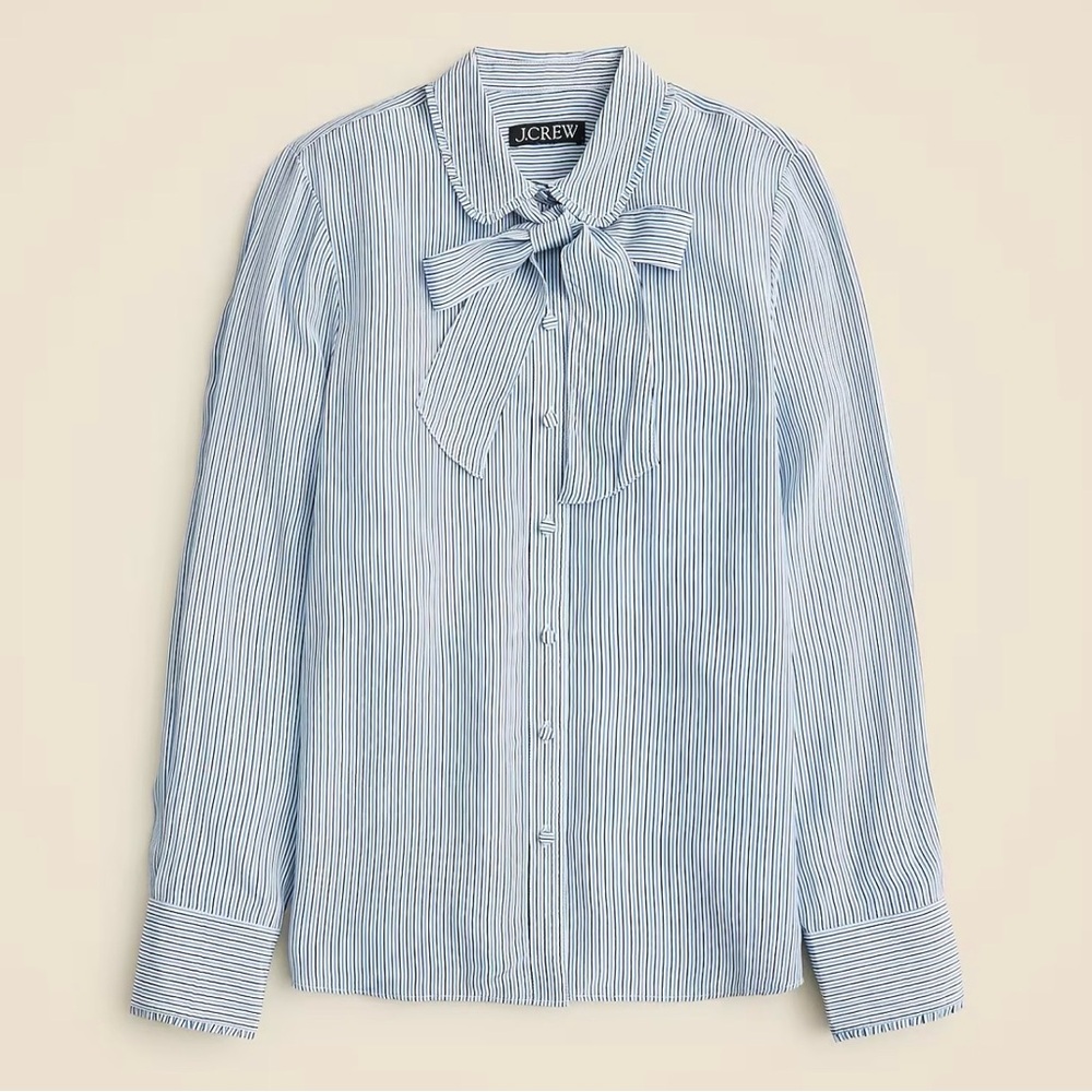 NWT J.Crew Blue Pinstripe Bow-Tie Button-Up Blouse L